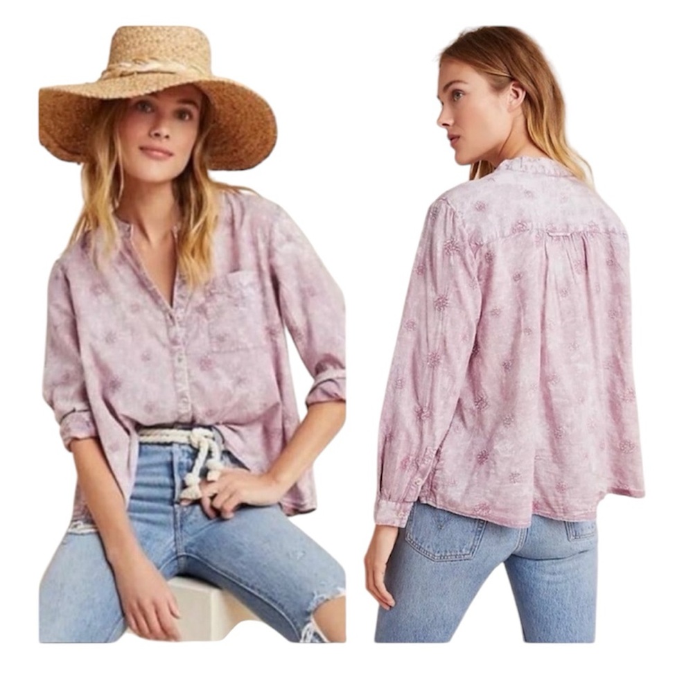 Anthropologie Pilcro and The Letterpress Embroidered Purple Shirt Sz Small